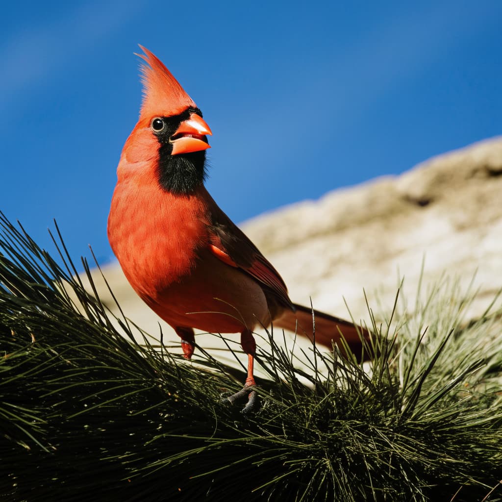 Photo of a realistic red cardinal bird with wings raised in a garden