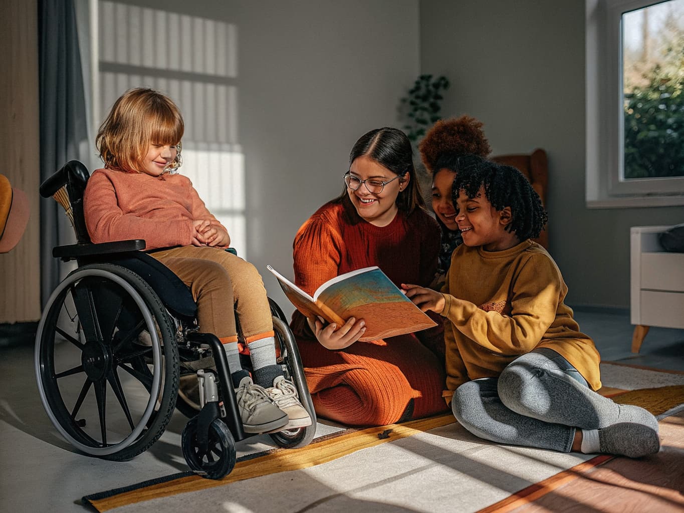 Photo of diverse children, including a child using a wheelchair, learning together on a reading rug