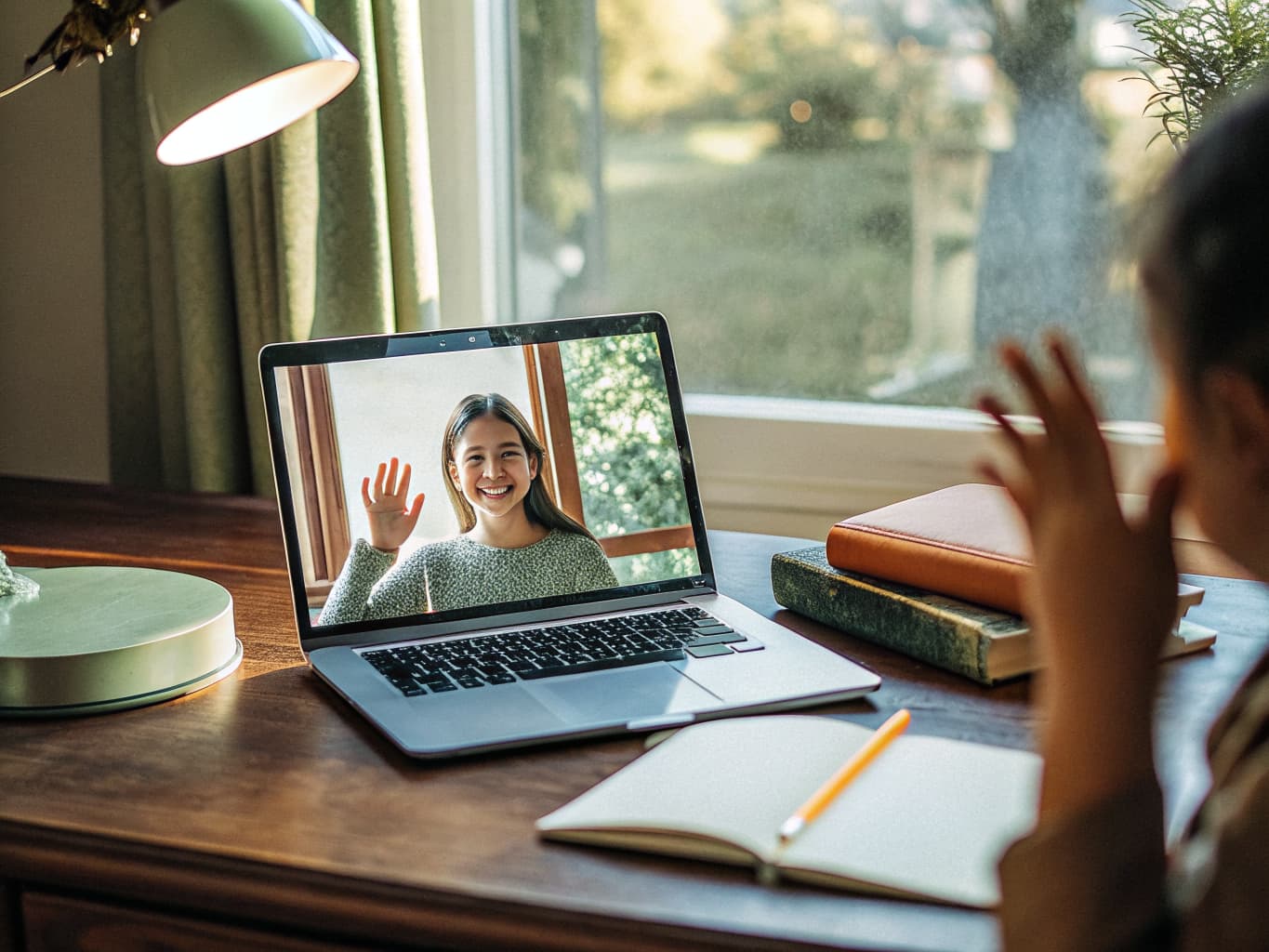 Photo of a child at a laptop waving during an online tutoring session